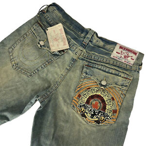 True Religion Mens Billy Embroidered Pocket Jeans 38x33 Y2K Crow Sunset Flower