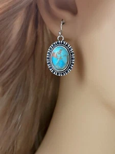 Handmade Ancient Silver Turquoise Drop Dangle Earring/Hook Earring - Picture 1 of 6