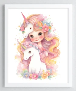 Impresión de arte de pared de unicornio, impresión de unicornio y niña, habitación de niños, decoración de arte de pared #658 - Imagen 1 de 2
