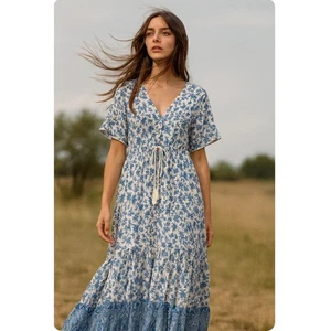 R. Vioimos Dress Ties Peasant Blue Boho Floral Long Flowy Comfortable Cottage - Picture 1 of 10