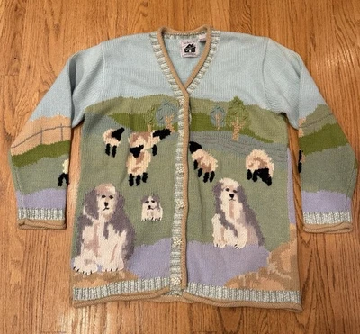 Cardigã Storybook Knits Vintage Mistura de Algodão Design Ovelha e Cachorro Tamanho Médio - Imagem 1 de 4