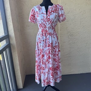 SCHICKES KLEID EBULLIENT WEISS ROT BLUMEN BEDRUCKT GR. M BAUMWOLLE KURZARM - Bild 1 von 15