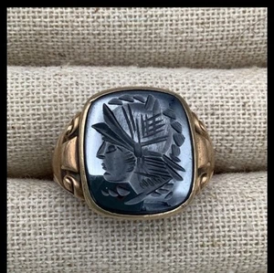 Antique 10k Yellow Gold Hematite Intaglio Ring Size 10 - Picture 1 of 14