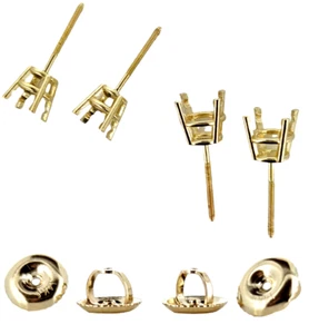 18K Yellow Gold Round Pre-Notched Stud Earring Mount Setting Threaded - 1 Piece - Picture 1 of 4