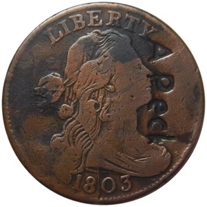 Large cent 1803 mid grade Sheldon 261 arc crack with counterstamp A. Peck - Picture 1 of 2