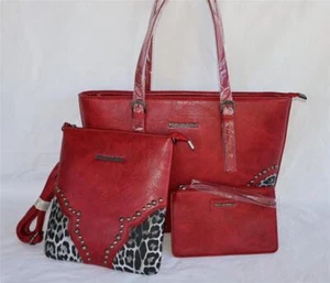 Montana West 3pc Handbag Set Red Studded Leopard Print Tote Bag - Picture 1 of 15