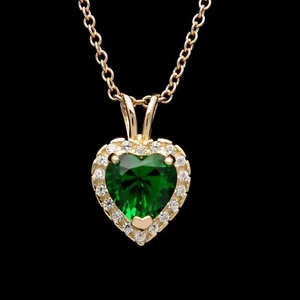Valentines Day 2Ct Heart Cut Green Emerald Pendant Necklace 14K Yellow Gold Over - Picture 1 of 4