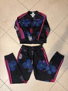 Adidas Girls Black Floral Printed 3-Striped Jacket Pants Set Size XL 6068 - Picture 1 of 13