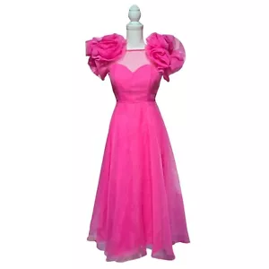 Vtg Alyce Designs Pink Tulle Evening Gown Sz 10 Ruffle Sleeves Sheer Neckline - Picture 1 of 10