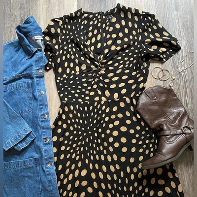 Vintage Nicole Miller Silk V Neck Short Sleeve Polka Dot Black & Tan Dress Sz 8 - Image 1 of 4