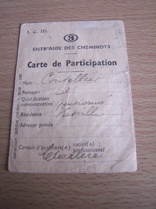 Tarjeta de participación de ayuda mutua de trabajadores ferroviarios franceses vintage con estampillas tren - Imagen 1 de 4