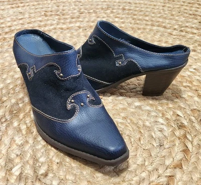 Западный блок каблук замшевые кожаные туфли темно-синий женщин 8 квадратный носок сабо без шнуровки  - Изображение 1 из 4