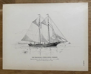 Outbound Mackerel Schooner under Full Sail 1887 Original Antique Fishing Print - Picture 1 of 13