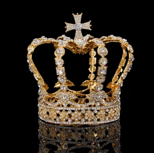 Royal King Queen Crown Imperial Mens Male Full Circle Jewel Crystal Head Tiara - Picture 1 of 11