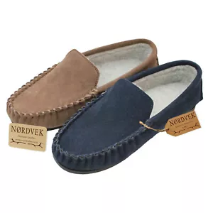 Nordvek Genuine Suede Moccasin Slippers Berber Fleece Lined Hard Sole Slip On - Picture 1 of 4