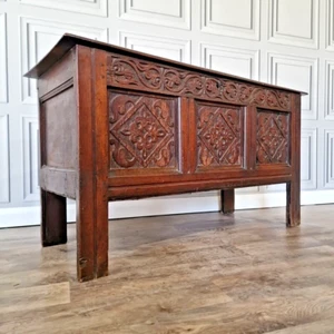 Antique High Wooden Mule Chest 17th C Carved Panel Blanket Box Trunk Coffer - Picture 1 of 24