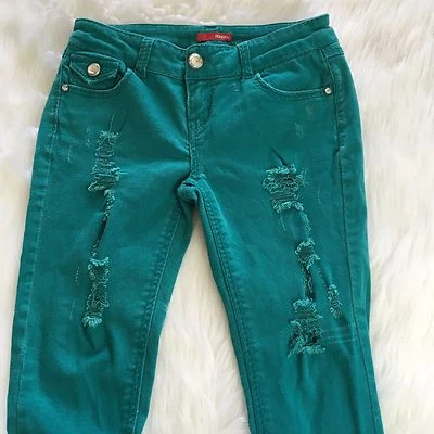 BONGO A1007 Distressed Womens Pants Teal Green Junior Tag Size 3 Diamond Button - Image 1 of 4