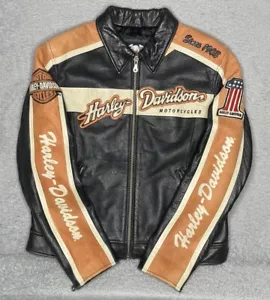 Chaqueta de cuero Harley Davidson vintage para mujer L "Ride to Live" negra/naranja EE. UU. - Imagen 1 de 24