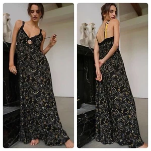 Free People Intimately Good Days Floral Printed Maxi Mesh Panel Black Size Large - Picture 1 of 12