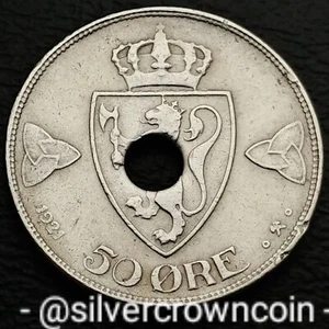 Norway 50 Ore 1921 HOLED Type III. KM#380. Half Dollar Coin. King Haakon Vll. H - Picture 1 of 8