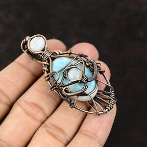 Larimar Wire Wrapped Evil Eye Pendant Handcrafted Copper Designer Jewelry 2.48"