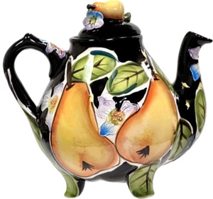 Blue Sky Clayworks Black Ceramic Teapot Colorful Hand Painted Pears, Pear on Lid - Picture 1 of 8