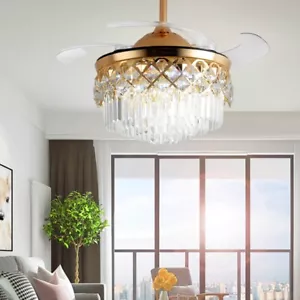 42" Gold Ceiling Fan Light with Remote Control Crystal Pendant Lamp Chandelier - Picture 1 of 10