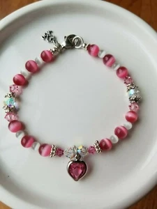 Swarovski Crystal & Cat's Eye Sterling Silver Handcrafted Bracelet HEARTS PINK - Picture 1 of 7
