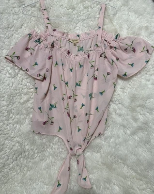 Lily White Women's Pink Sheer Floral Blouse Off The Shoulder Sleeve XL Tie Front - Image 1 of 2