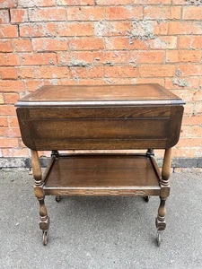 Vintage Oak Drop Leaf Tea Trolley Table On Castors - Wooden Serving Table Drinks - Picture 1 of 9