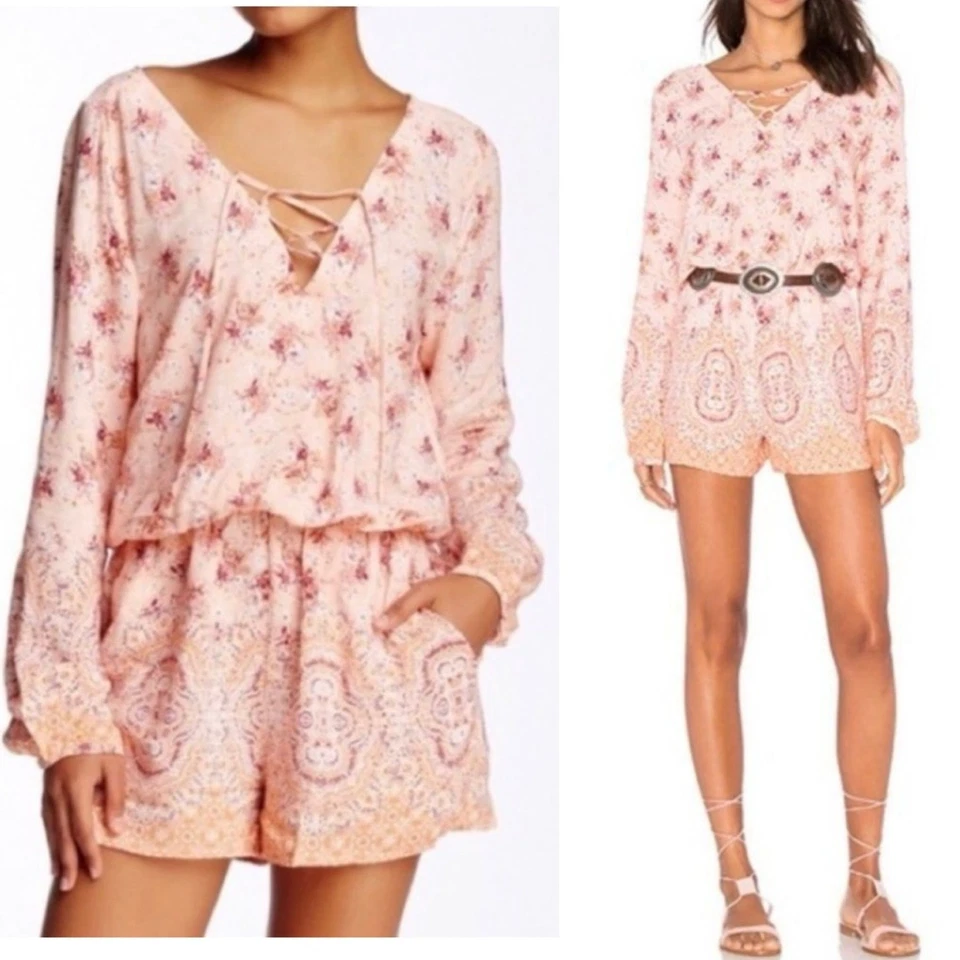 Mameluco con cordones Sanctuary S rosa terroso boho suave romántico floral bolsillos de cachemira Foto 1 de 4