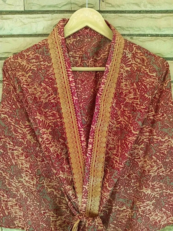 Midi Kimono Pure Silk Robe Knee Length Gown Silk Kimono Robe Rust Red MKMO1609 - Image 1 of 4