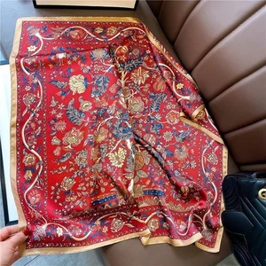 Bufanda cuadrada 100 % seda morera 27" mujer pañuelo envolvente vintage flor roja - Imagen 1 de 5