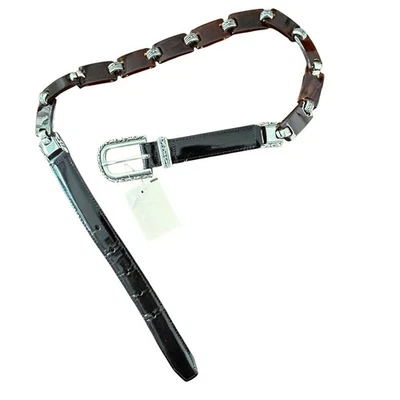 Nuevo BRIGHTON Marrón Negro CINTURÓN M Tortuga Plata Filagree Metal Patente Nuevo con Etiquetas 42103 Foto 1 de 4