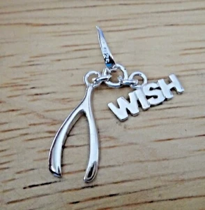 Sterling Silver 18x12mm Movable says Wish with Wishbone Charm - Picture 1 of 4