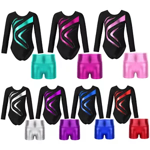 Girls Shiny Rhinestones Long Sleeve Gymnastic Athletic Leotard with Shorts AU - Picture 1 of 57
