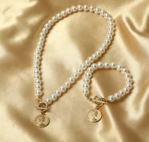 Pearl Necklace Bracelet set With Coin Pendant Birthday Christmas gift 190 - Picture 1 of 9