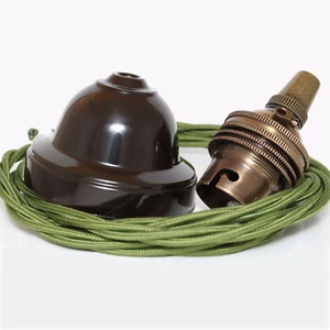 Brown Bakelite Ceiling Pendant Kit & Antiqued B22 Bulb Holder with 1M Green Flex - Picture 1 of 7