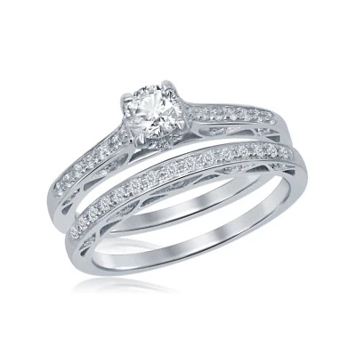 3/4 Ct White Round Cut Simulated Diamond Wedding Matching Ring Set In 925 Silver - Image 1 of 3