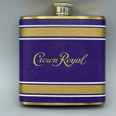 Crown Royal Flask púrpura y dorado 2018 coleccionista 6 oz acero inoxidable envoltura de cuero Foto 1 de 4