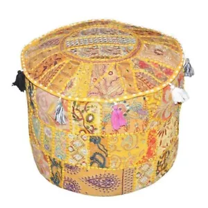Patchwork Embroidered Round Indian Pouf Ottoman Foot Stool Moroccan Pouffe Cover - Picture 1 of 3