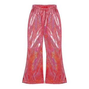 Girls Metallic Trousers Bell Bottom Leggings Pants Sequins High Waist Dancewear - Picture 1 of 51