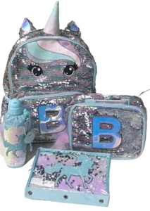 Justice Unicorn Rucksack + Brotdose + Bleistiftetui + Flasche Initial B Pailletten - Bild 1 von 11