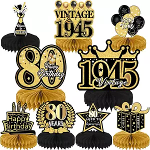 80th Birthday Decorations for Men Women - 9pcs 80th Birthday Party Black Gold De - Picture 1 of 7