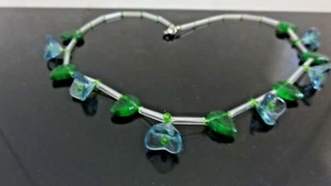 Gorgeous Vintage Blue Green Clear MURANO ART GLASS FLOWERS & LEAVES NECKLACE - Imagen 1 de 6
