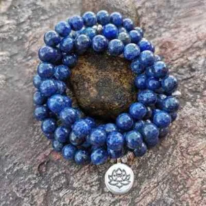 108 Mala Beads Lapis Lazuli Necklace Bracelet 8 mm Meditation Yoga Lotus Charms - Picture 1 of 7