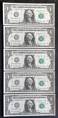 $1 USA Replacement Star Notes(*) D 02630471-475 2003 Unc Minor Foxing - Image 1 of 2