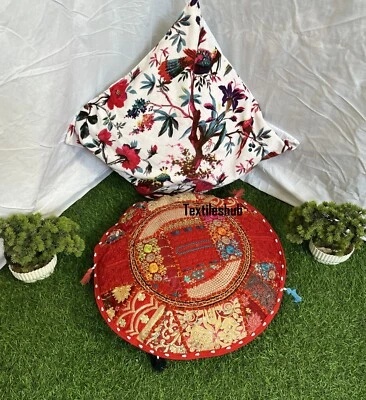 Indien Round Pillow Red Cushion Cover Floor Patchwork Throw Bohemian Décor Cover - Image 1 of 4