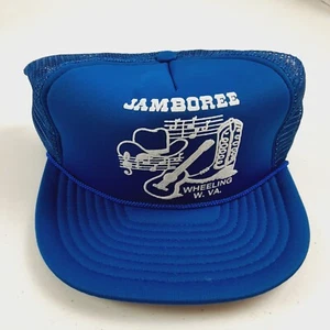 Vintage Truckermütze blau Schaumstoff & Netz Druckknopflasche Jamboree Wheeling West Virginia - Bild 1 von 9