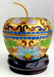 Cloisonne Small Enamel Round Trinket/Pill Box & Lid Stand Bright Colors Apple 2" - Picture 1 of 16